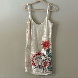 Parker Black Sequin Floral Slip Dress Ivory Beaded Size 4